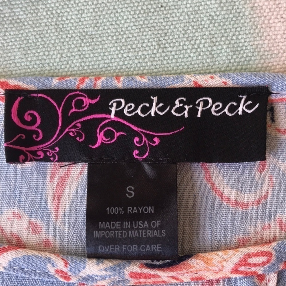 Peck & Peck Floral Print Bell Sleeve Blouse Blue Coral Rayon Boho Top S - Picture 6 of 8
